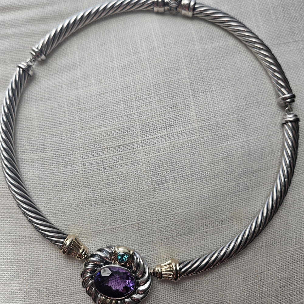 VINTAGE David Yurman Silver and Gold Necklace with Purple and Green Gemstones